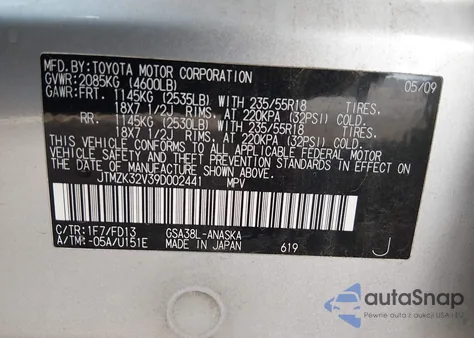 2009 Toyota Rav4 Sport V6 z USA, uszkodzony, nr VIN JTMZK32V39D002441